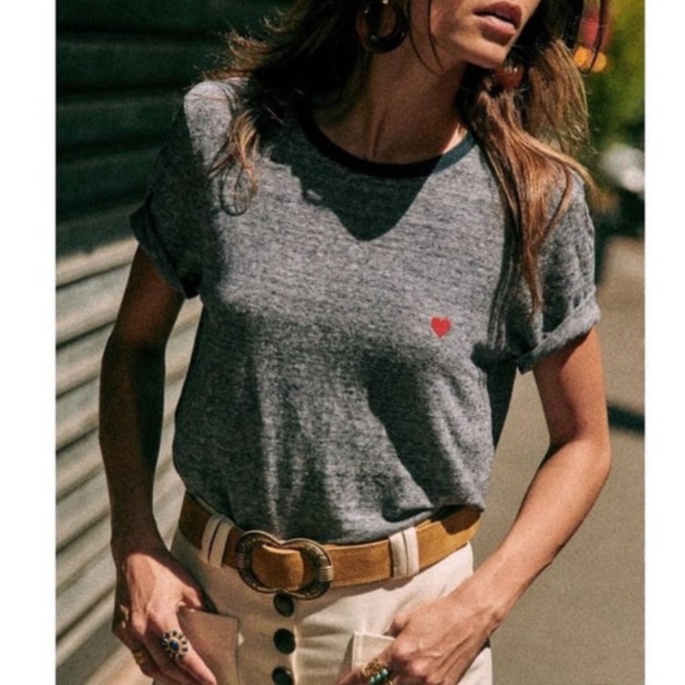 Sezane Valentina 100% Linen Embroidered Heart Navy Contrast Trim T Shirt XS